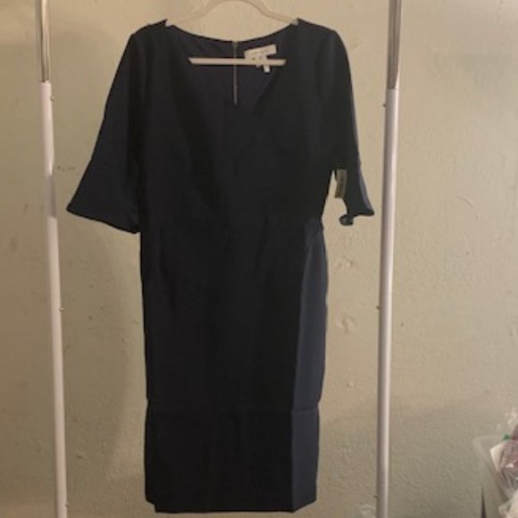 Lark & Ro Women's Navy Blue Asymmetric V Neck Sheath Midi Dress 12 NWT - Picture 1 of 7